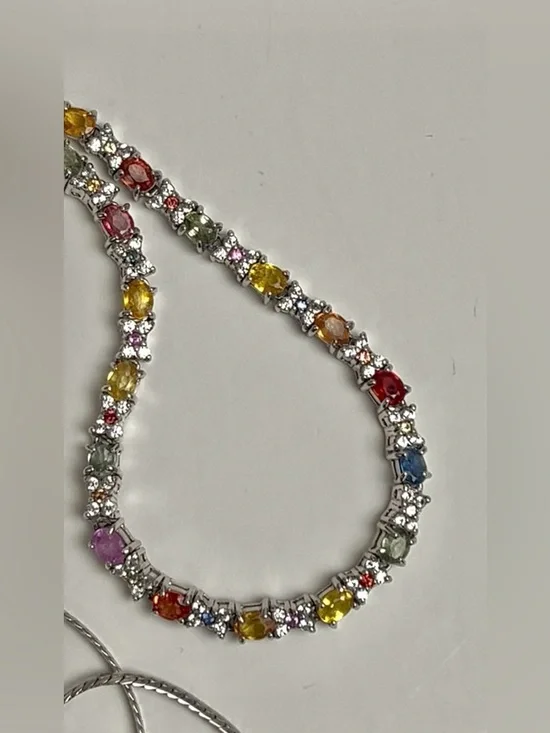 D'Joy 67 Natural Multi Sapphire 10 ctw Tennis Necklace 925 Silver 18” NWT in box - Picture 4 of 14